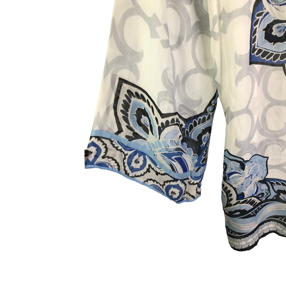 Hale Bob Women's Silk Beaded Tunic Top White & Blue Persian Floral Print Sheer S - Picture 7 of 11